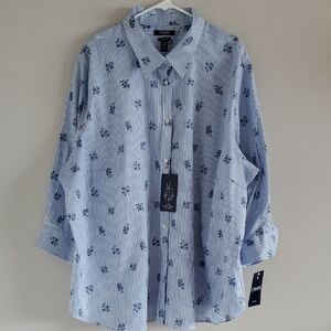 NWT Chaps Blue White Striped Button-Down Navy Floral Print No Iron Shirt Sz 3X